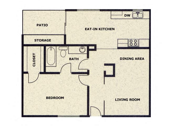 Floor plan for 1 bed, 1 bath, 850 sqft